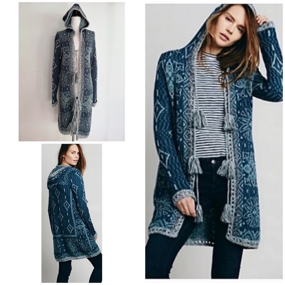 Free People Kai Pom Pom Fringe Geo Print Hooded Longline Long Cardigan Sweater M